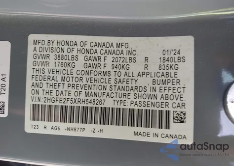 2024 Honda Civic Sport from USA, damaged, VIN 2HGFE2F5XRH548267